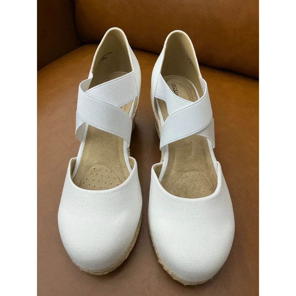 Easy Street Pari Wedge Espadrilles Women 6.5 W White Canvas Elastic